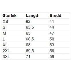 Långärmad Piké Dam - Storlekstabell