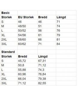 Storlekstabell T-Shirt Herr